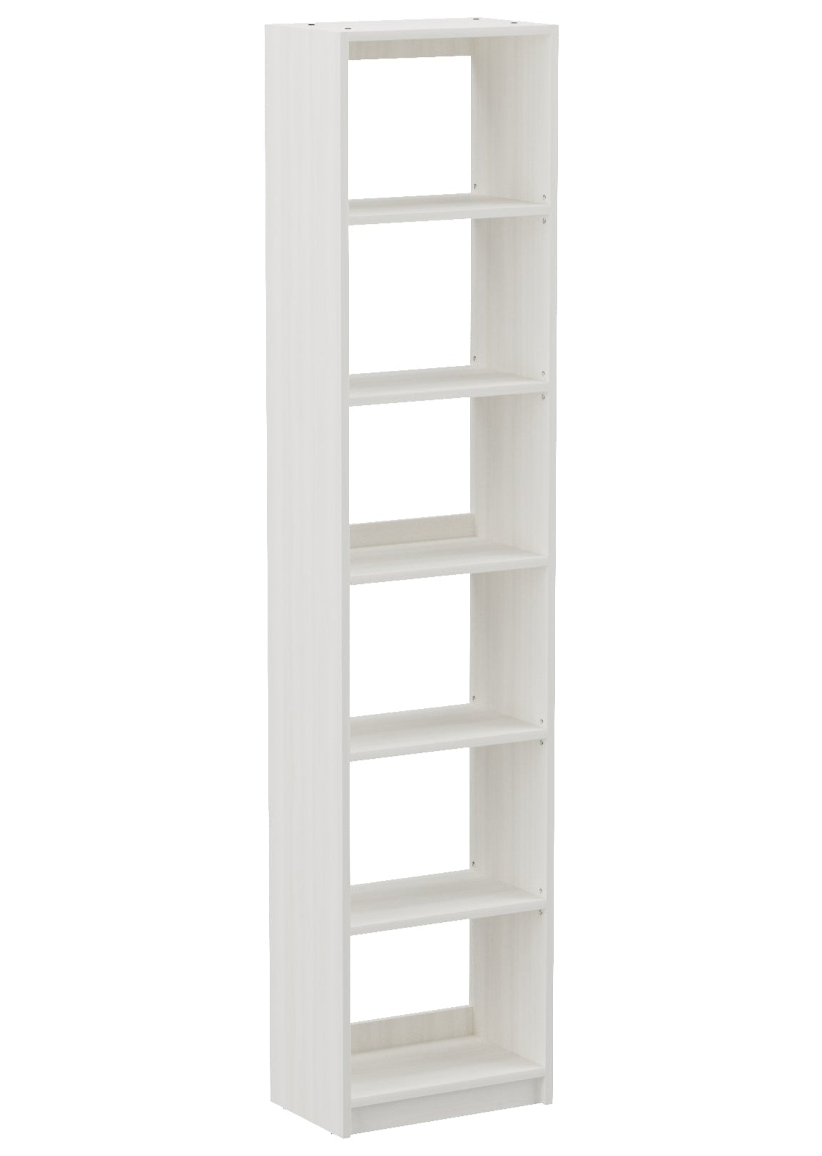 White bookshelf with five shelves on a white background