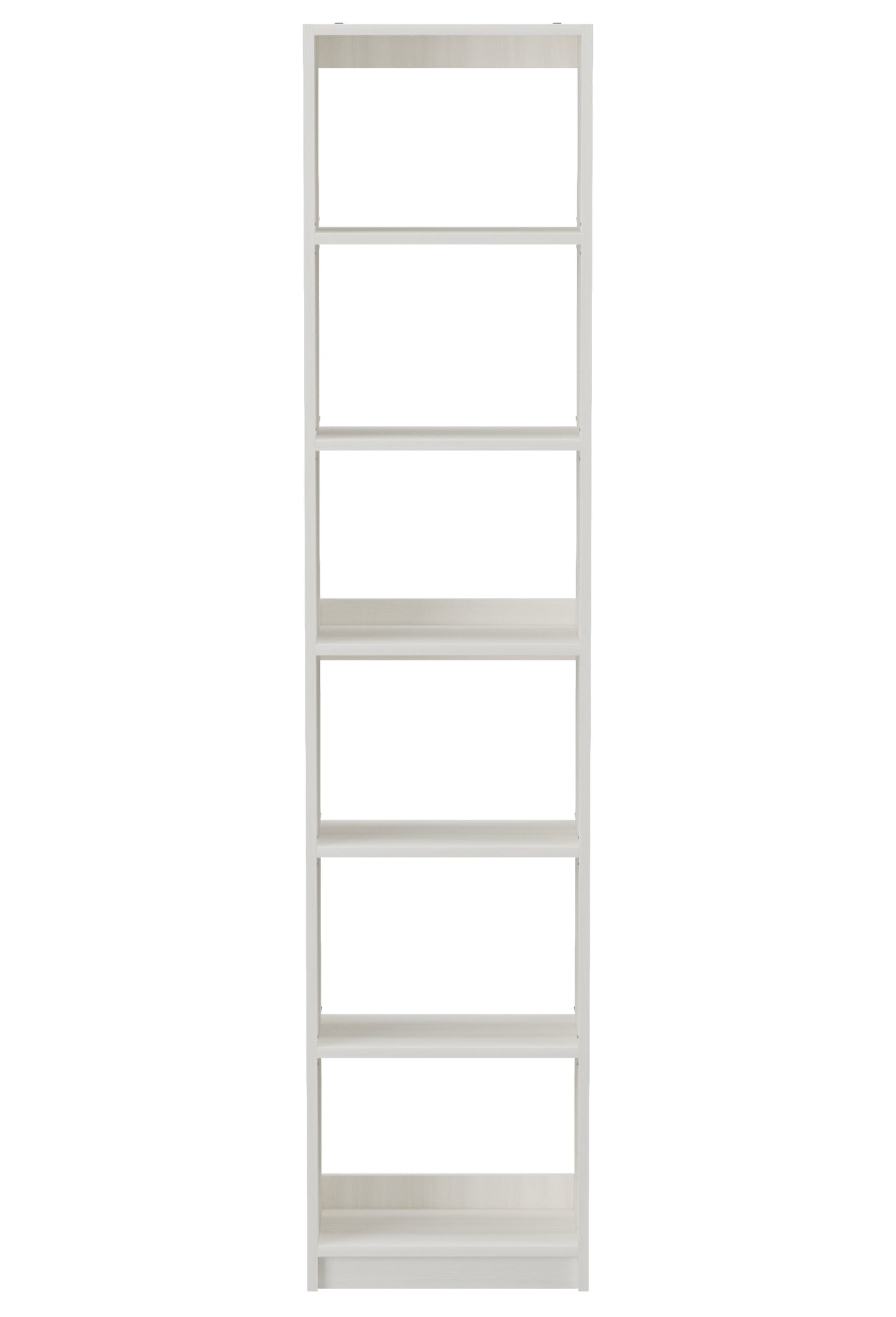 Tall white bookshelf with five shelves on a white background