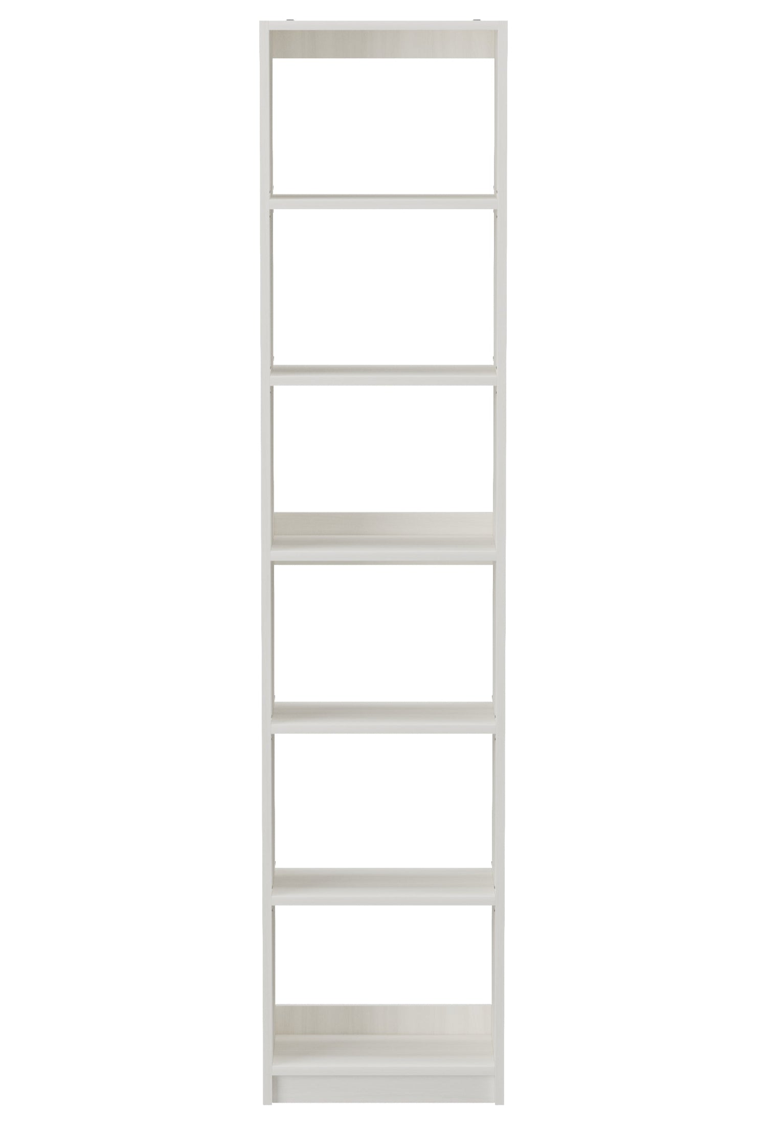 Tall white bookshelf with five shelves on a white background