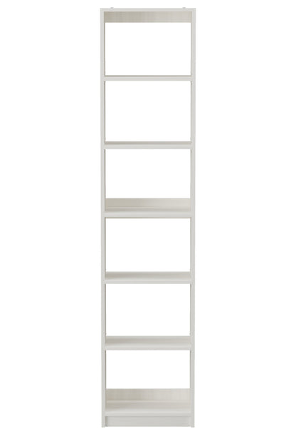 Tall white bookshelf with five shelves on a white background