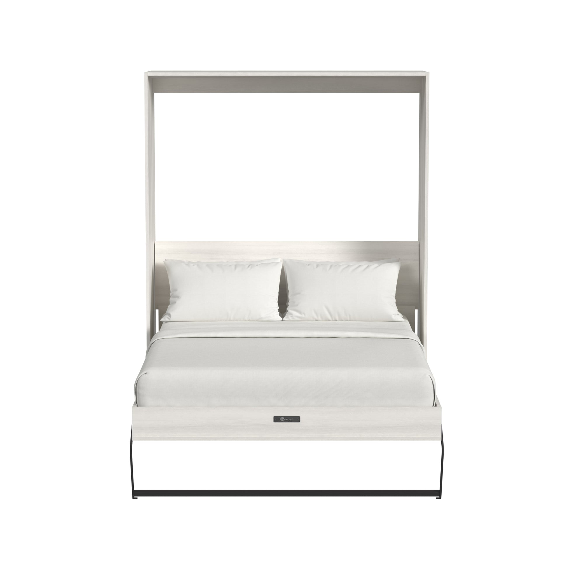 Modern bed with metal frame and white bedding on a white background