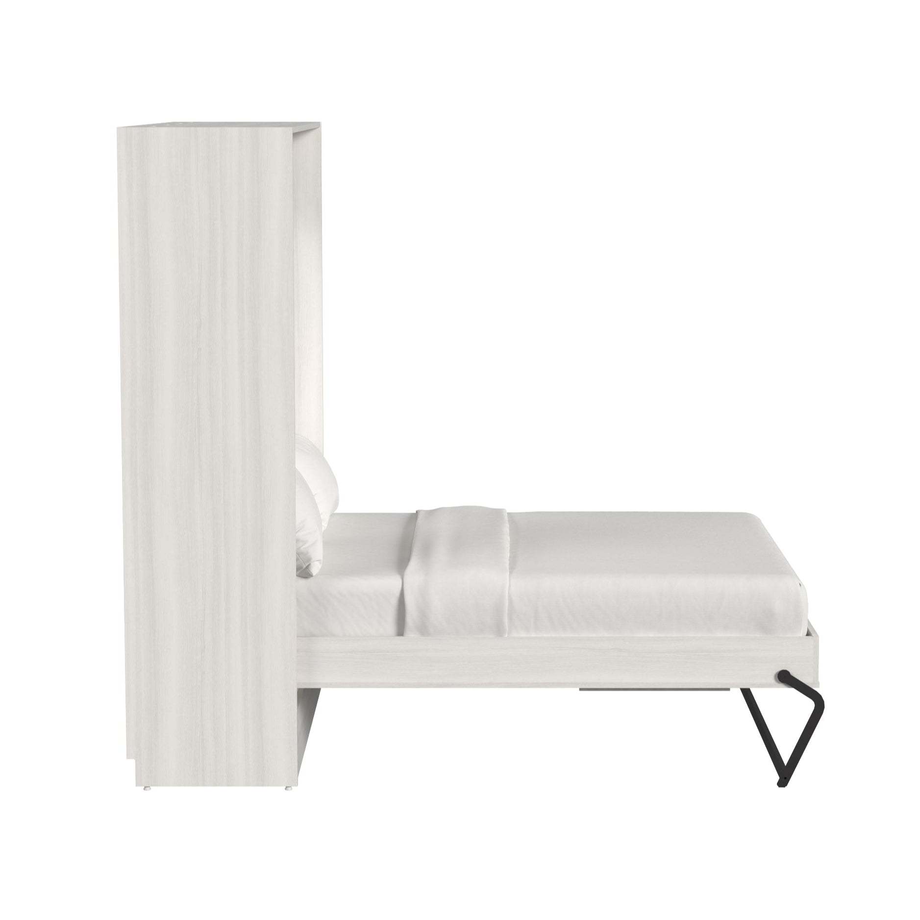 White wall-mounted bed with a black support leg on a white background