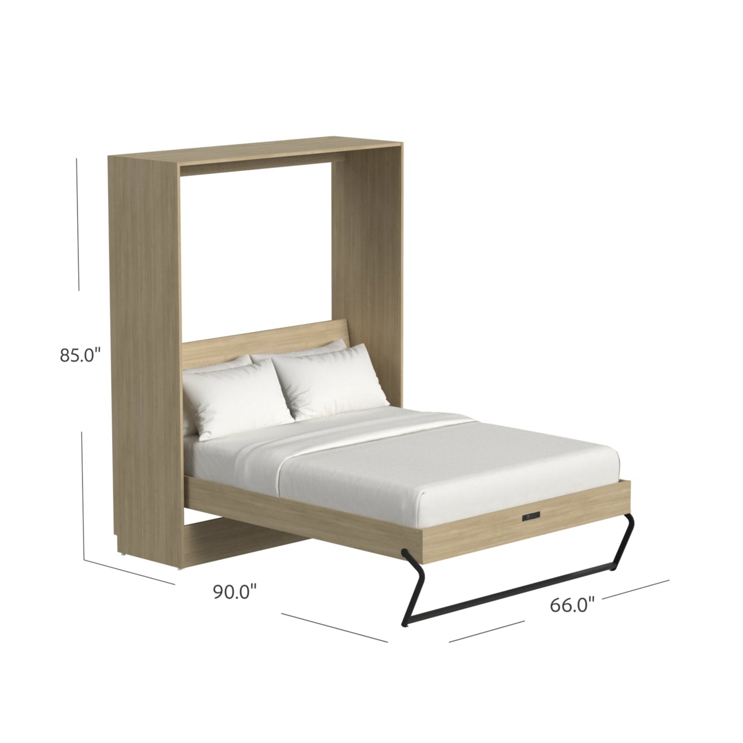 oak murphy bed with dimensions displayed on a white background