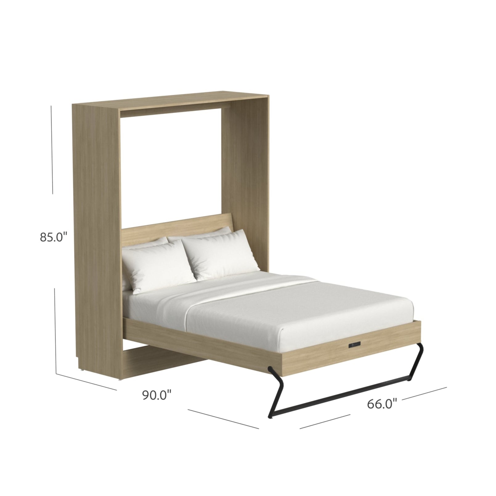 oak murphy bed with dimensions displayed on a white background