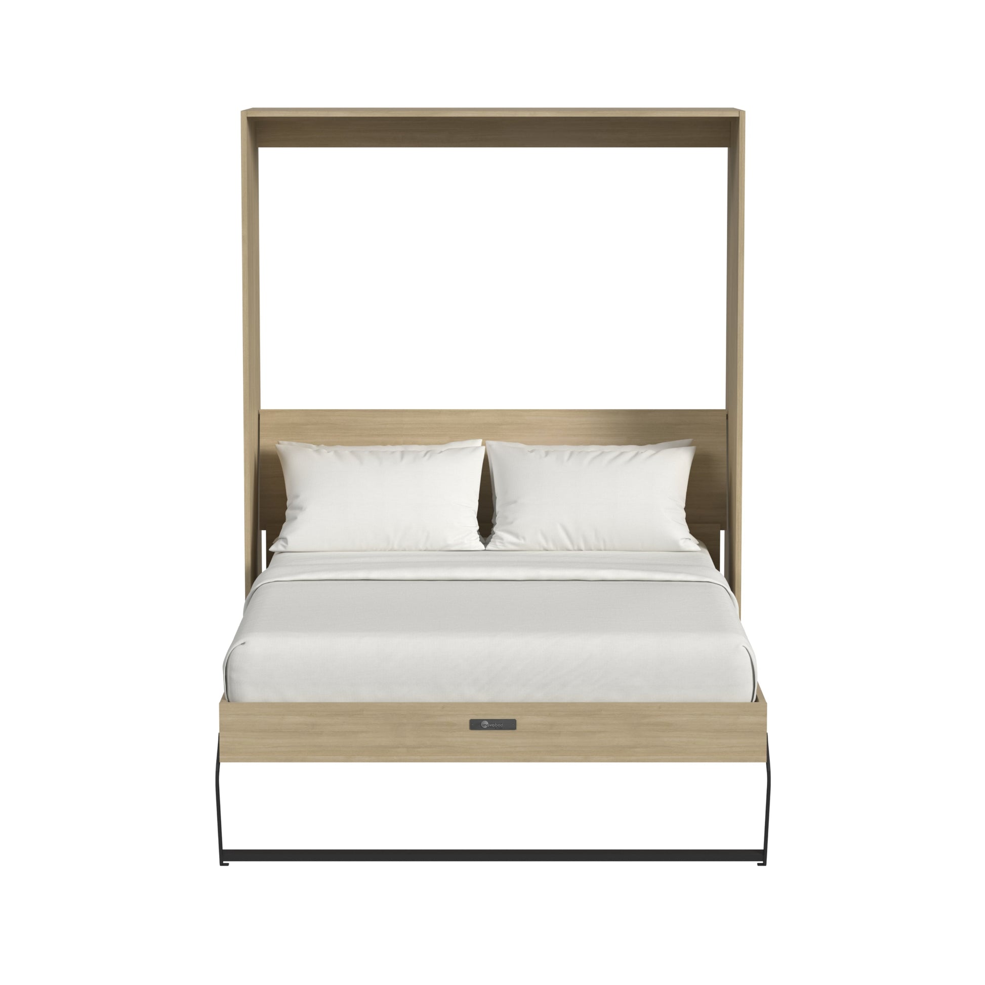 Wooden bed frame with white bedding on a white background