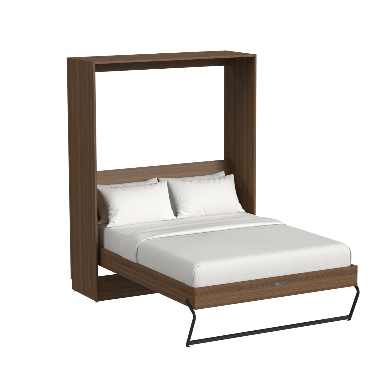 Wooden Murphy bed with white bedding on a white background