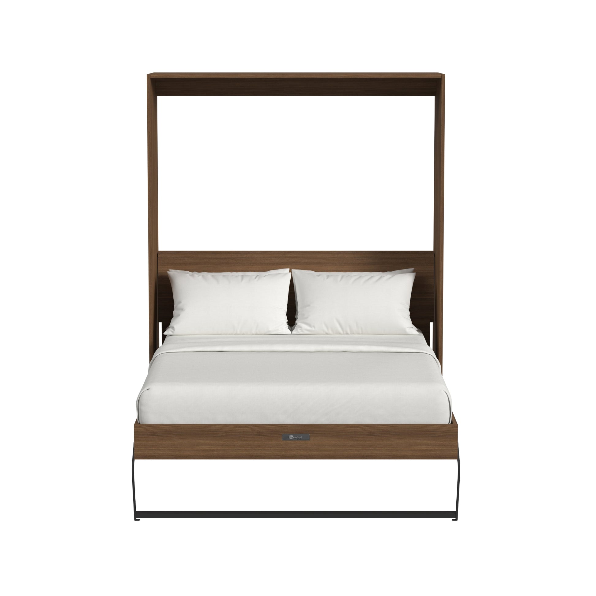 Wooden bed frame with white bedding on a white background