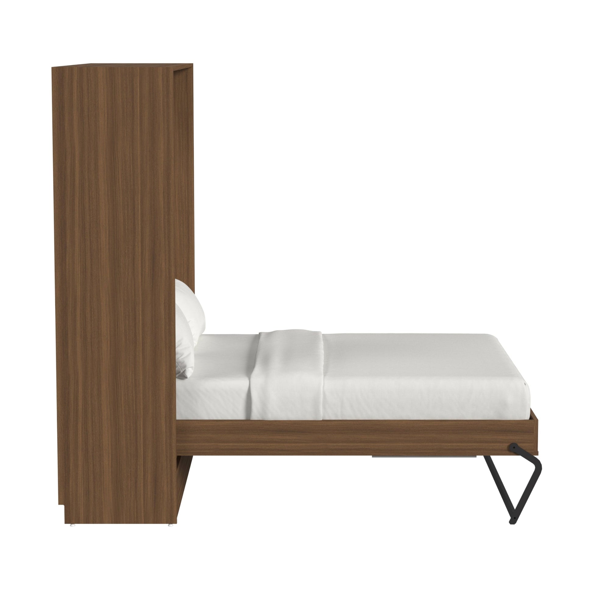 Wooden bed with white bedding on a white background