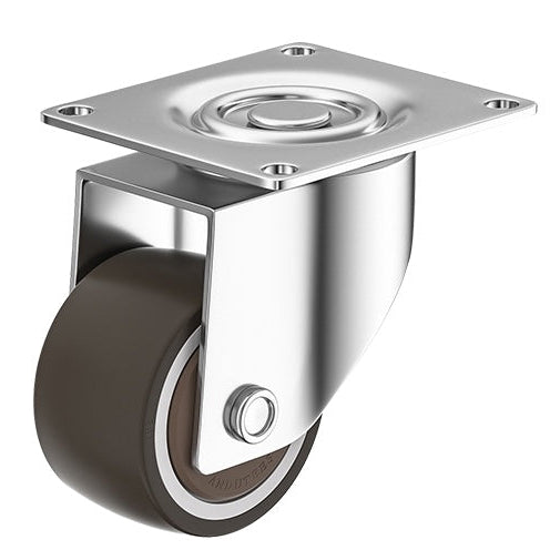Metallic caster wheel with a brown rubber wheel on a white background