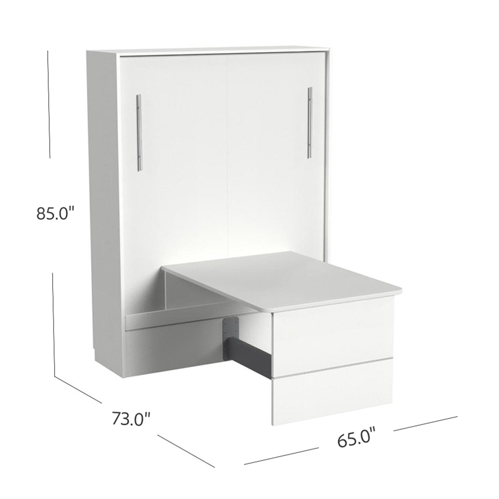 White murphy bed with desk with dimensions labeled on a white background