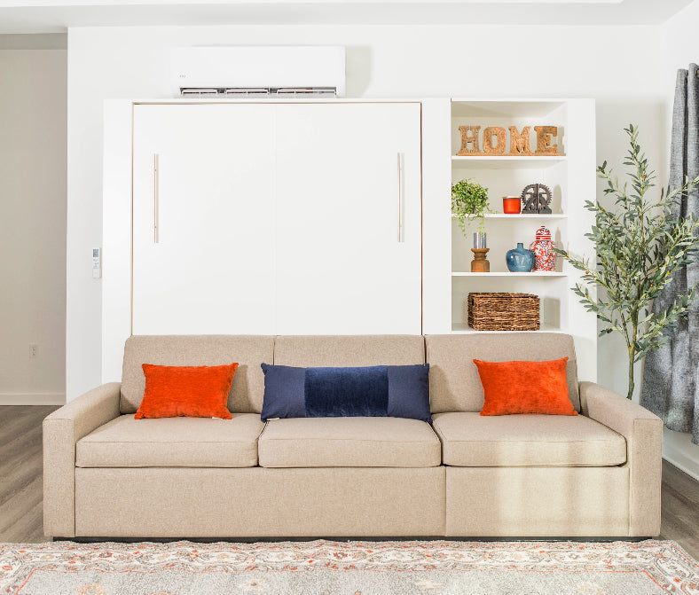 Extended Sofa wall Bed with orange and blue decorations