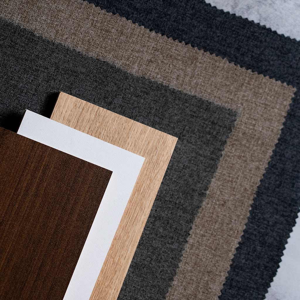 Close up showing all 3 fabric options offered by Inovabed plus all 3 laminate options.