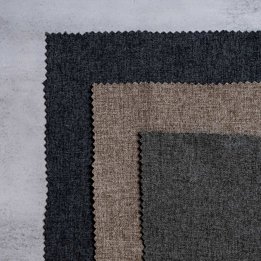 Close up of the three fabric options for the Wall Bed with Sofa. Beige, Light grey, and Dark grey.