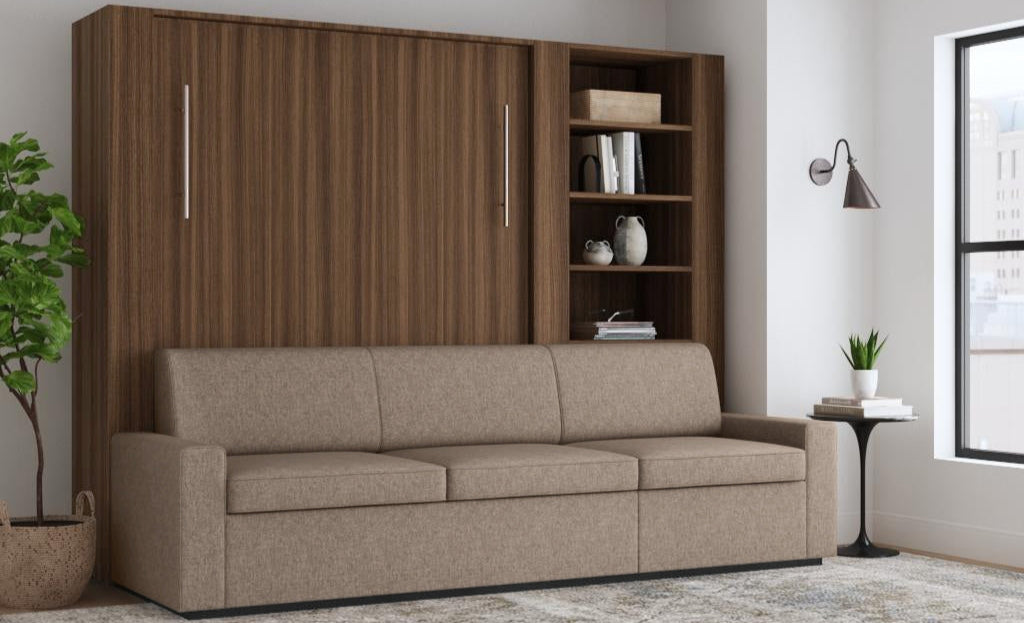 Beige sofa bed with wooden wall unit in a living room setting