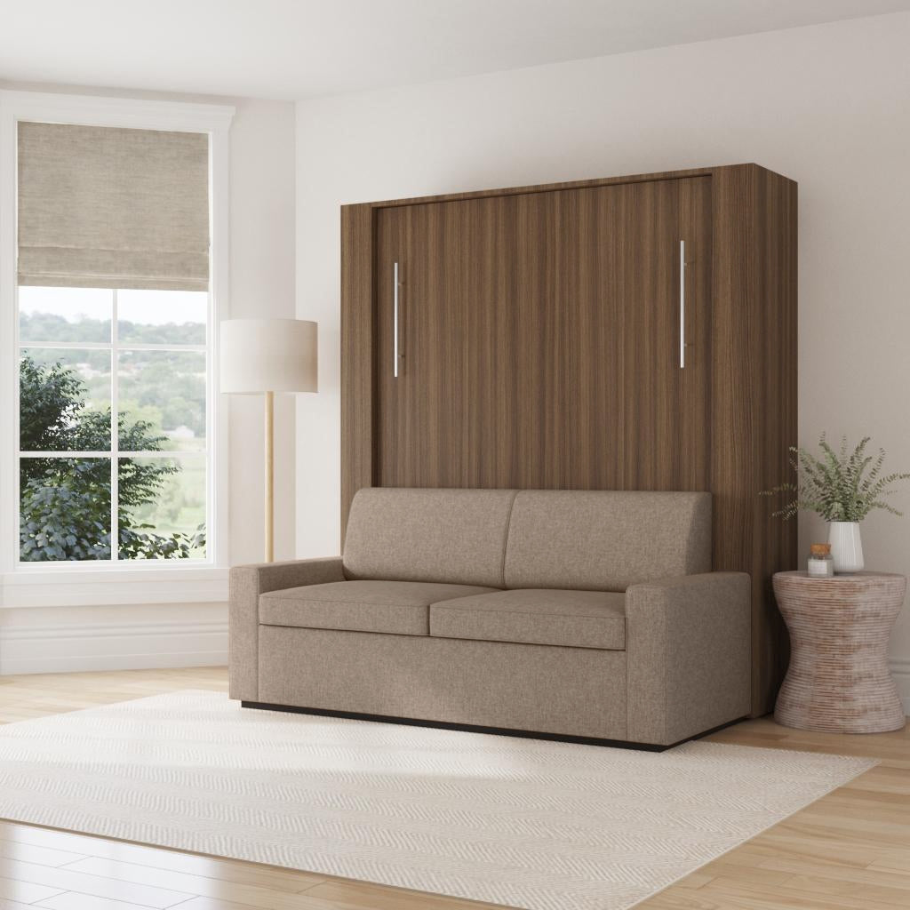 Beige sofa bed with wooden wall unit in a room with a window and lamp.