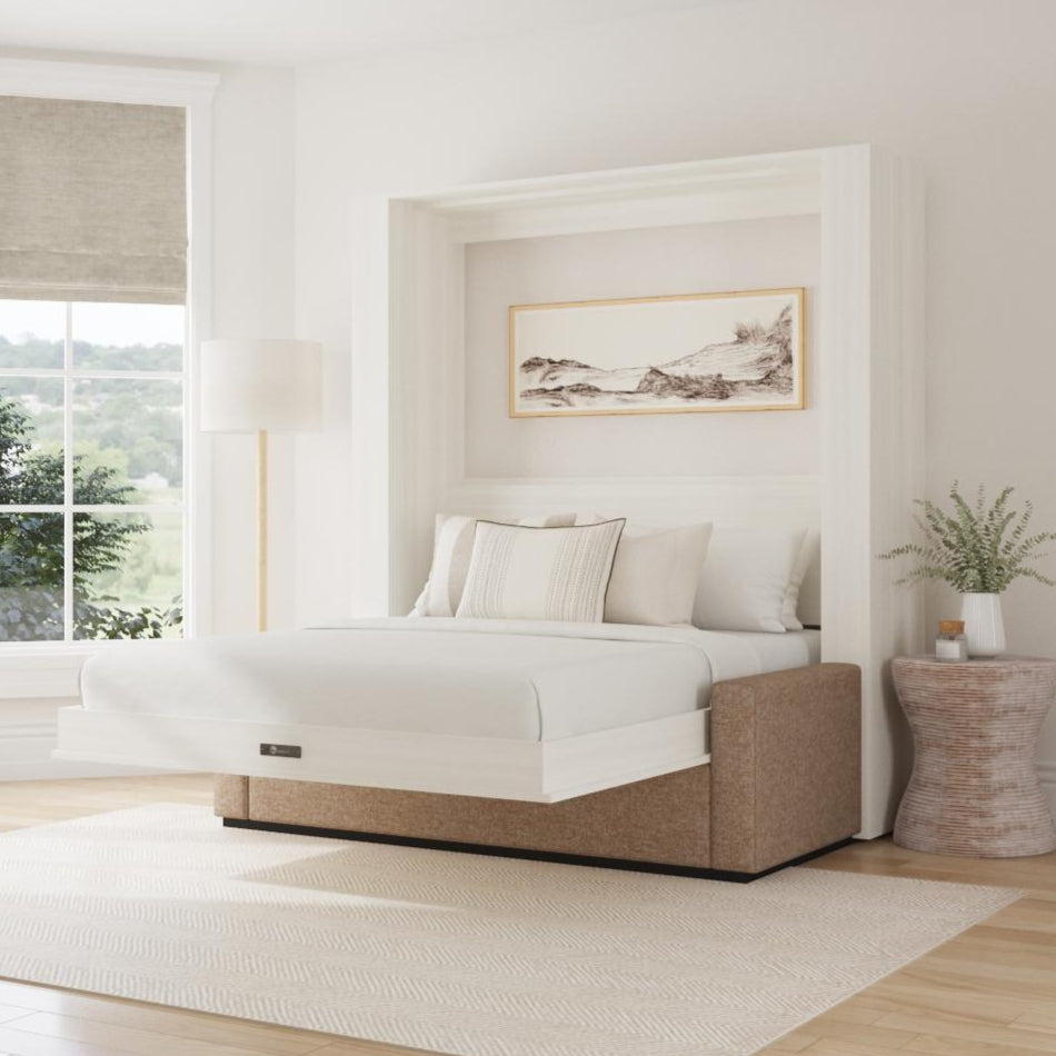 Modern bedroom with a murphy bed, side table, and window